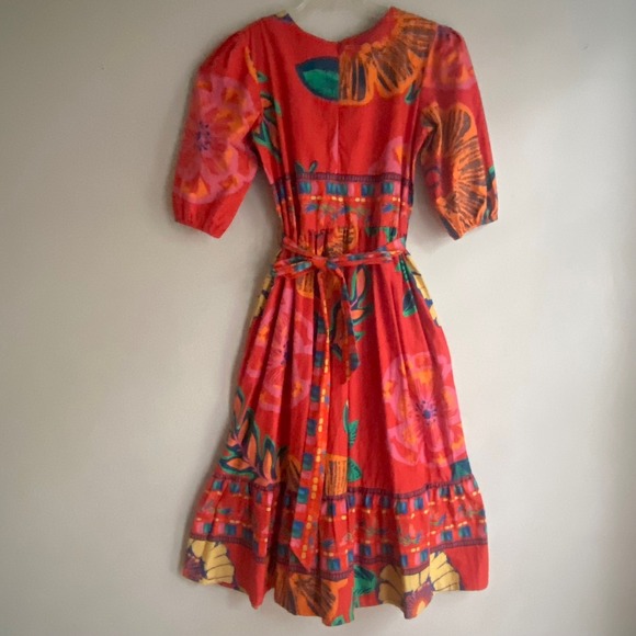 Maude Vivante Floral Midi Dress Small Red Tropical Boho Puff Sleeve Maximalist - Picture 5 of 6